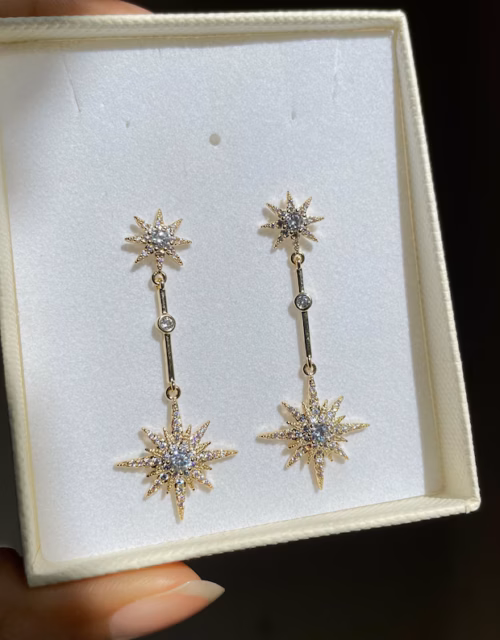 Celestial Star Sun Dangle Earrings | Gold Drop Earrings