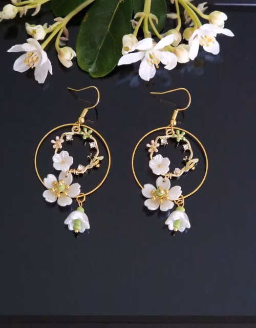 Enamel Bumble Bee Flower Golden Rhinestones Lily of the Valley Water Lily Dangle Drop Silver Stainless Sterling Hooks